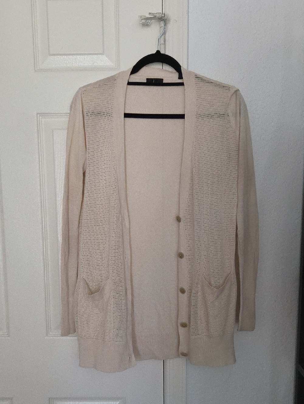 ATM Light Cream Open-Silk/Wool/Cashmere Blend Button Cardigan Sweater SP